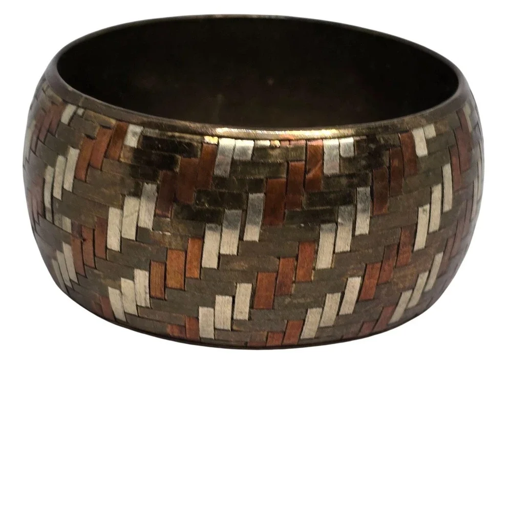 Vtg Mixed Metal Inlay Wide Bangle Bracelet Copper Brass Silver Tone Woven Patern